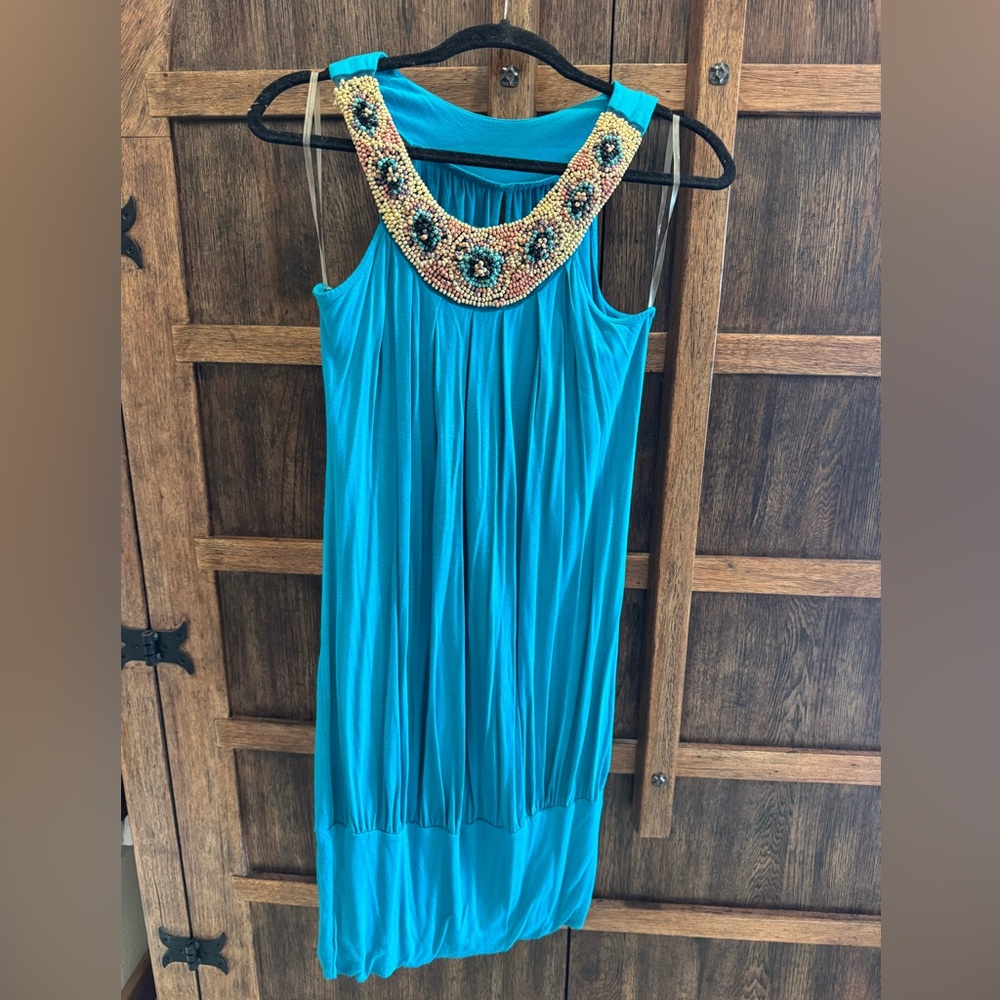 Kiwi Turquoise Sleeveless Midi Dress with Beaded Yoke